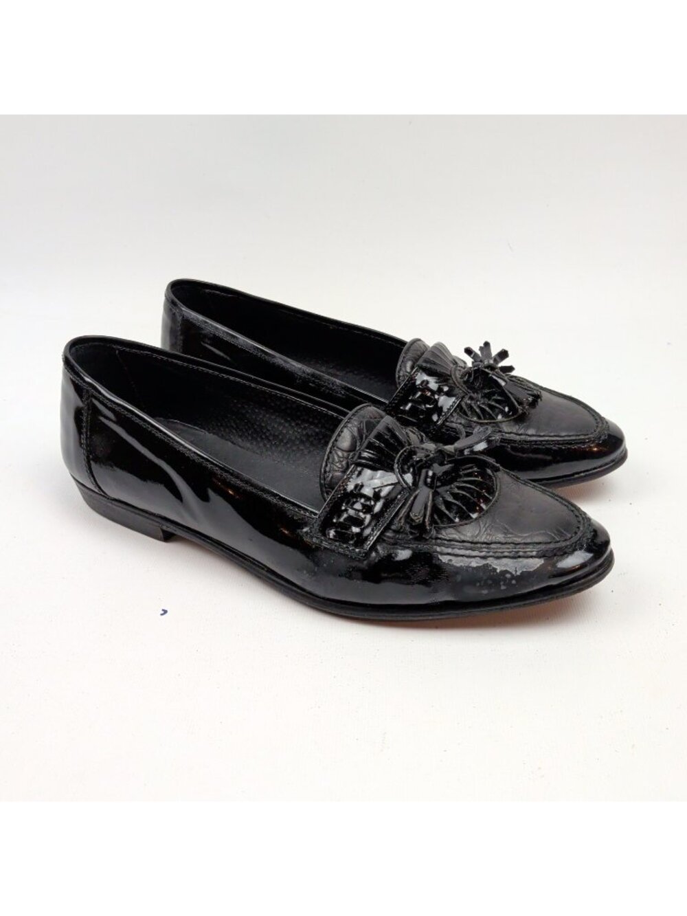 VTG De Michel Black Leather Kiltie Tassel Loafers Men 43 Italy made Preppy Read